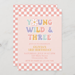Young Wild Three Retro Daisy Chequered 3rd Birthda Invitation