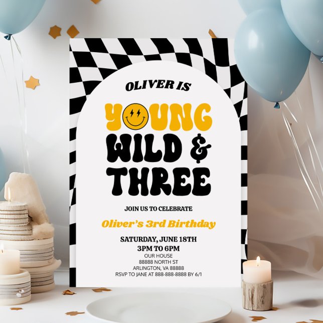 Young Wild & Three Retro First 3rd Birthday Party Invitation (Creator Uploaded)