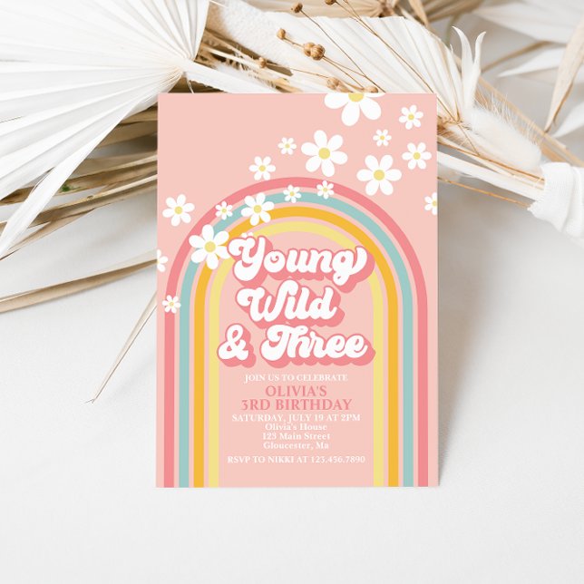 Young Wild Three Retro Rainbow 3rd Birthday Invitation (Creator Uploaded)