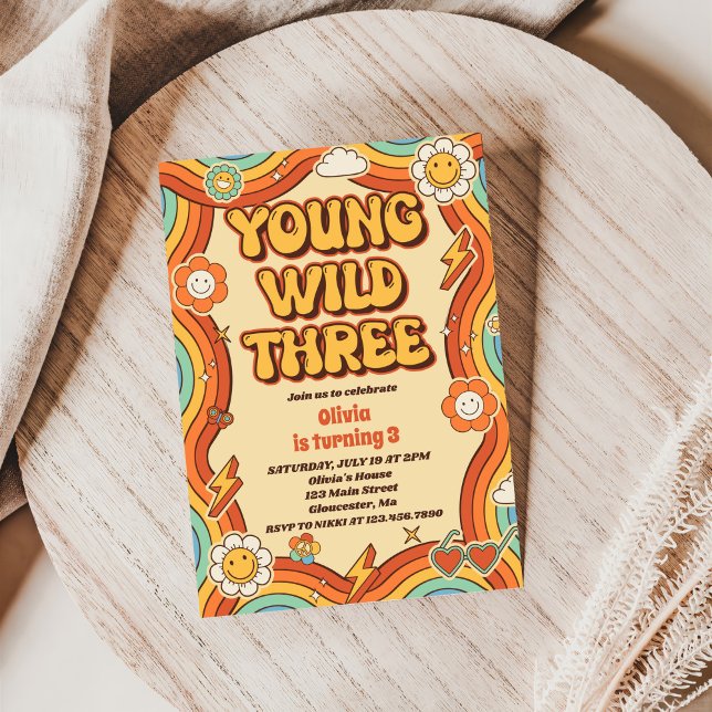 Young Wild Three Retro Rainbow 3rd Birthday Invitation (Creator Uploaded)