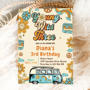 Young Wild Three Retro Rainbow 3rd Birthday  Invitation