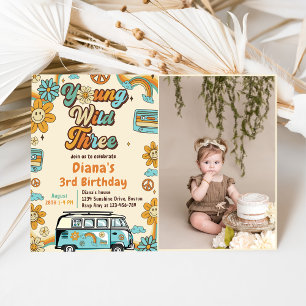 Young Wild Three Retro Rainbow 3rd Birthday  Invitation