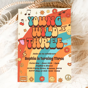 Young Wild Three Retro Rainbow 3rd Birthday  Invitation