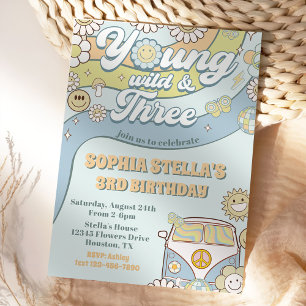 Young Wild Three Retro Rainbow 3rd Birthday Invitation