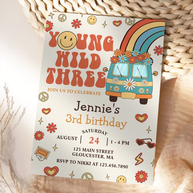 Young Wild Three Retro Rainbow 3rd Birthday  Invitation (Creator Uploaded)