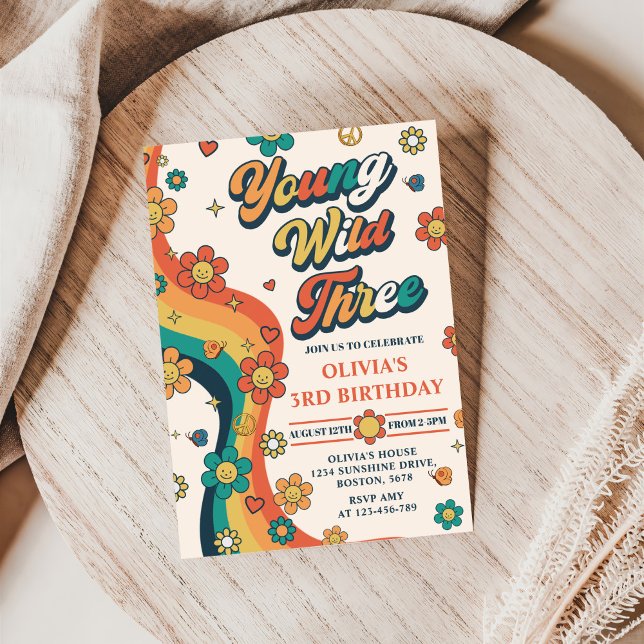 Young Wild Three Retro Rainbow 3rd Birthday  Invitation (Creator Uploaded)