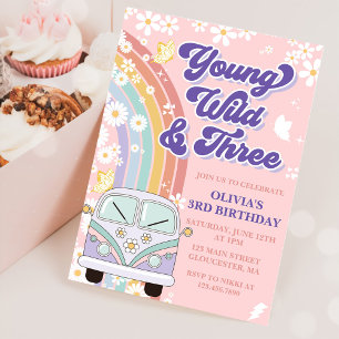 Young Wild Three Retro Rainbow 3rd Birthday Invitation