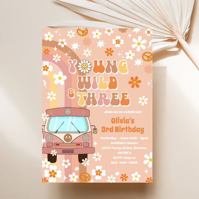 Young Wild Three Retro Rainbow 3rd Birthday Invitation (Creator Uploaded)