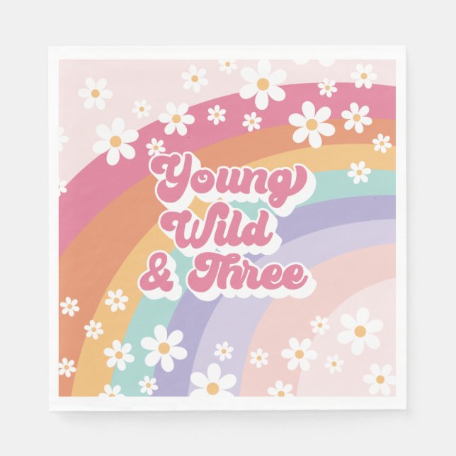 Young Wild Three Retro Rainbow 3rd Birthday Napkin (Front)