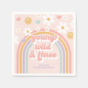 Young Wild Three Retro rainbow 3rd Birthday Napkin