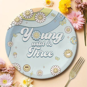 Young Wild Three Retro Rainbow 3rd Birthday Paper Plate