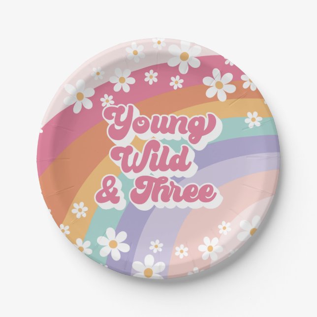 Young Wild Three Retro Rainbow 3rd Birthday Paper Plate (Front)