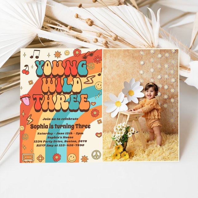 Young Wild Three Retro Rainbow 3rd Birthday Photo Invitation (Creator Uploaded)
