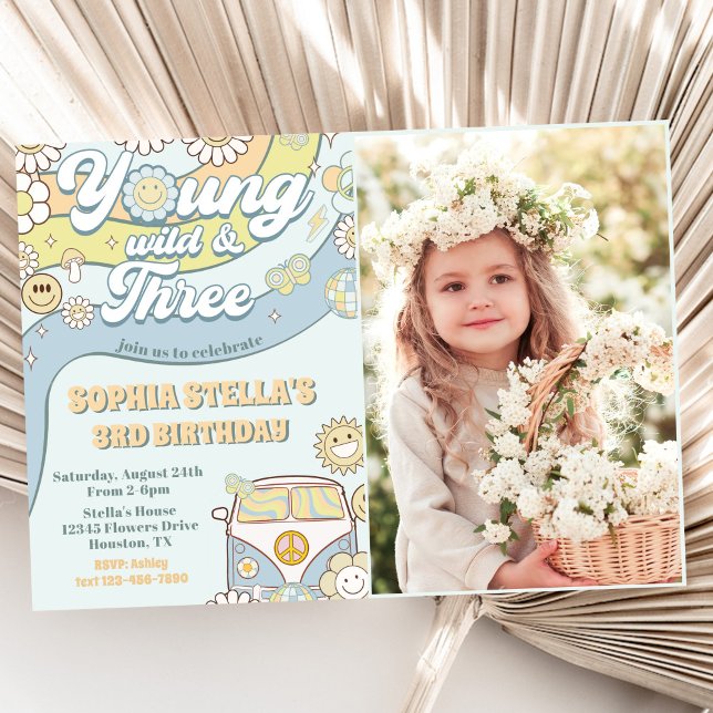 Young Wild Three Retro Rainbow 3rd Birthday Photo Invitation (Creator Uploaded)
