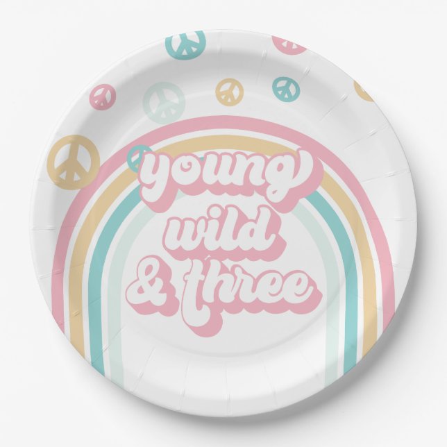 Young Wild Three Retro Summer Rainbow Paper Plate (Front)