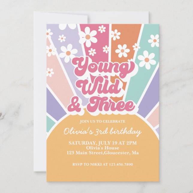 Young Wild Three Retro Sunshine Rainbow Daisy Invitation (Front)