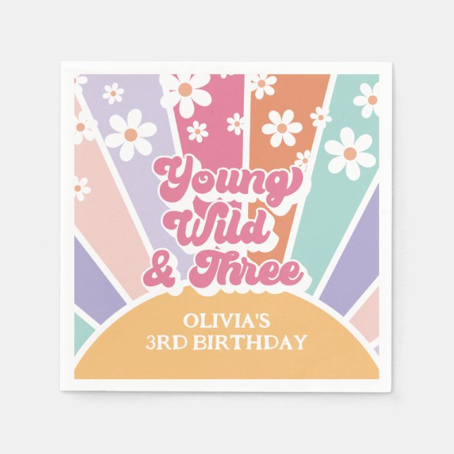 young wild three Retro Sunshine Rainbow Daisy Napkin (Front)