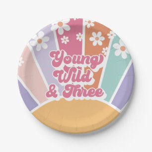 Young Wild Three Retro Sunshine Rainbow Daisy Paper Plate