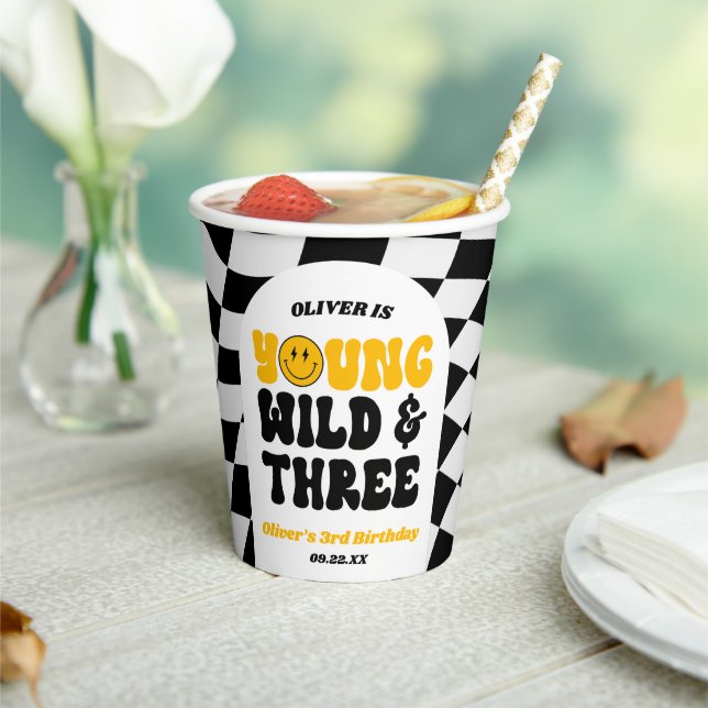 Young Wild & Three Retro Third 3rd Birthday Party Paper Cups (Insitu)