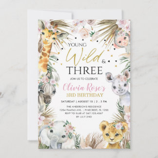 Young, Wild & Three Safari 3rd Birthday Animals  Invitation