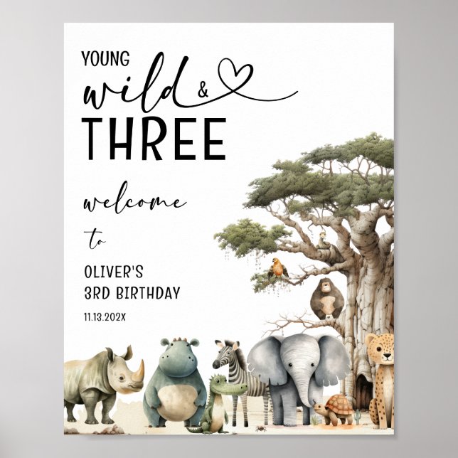 Young Wild Three Safari 3rd Birthday Welcome Sign (Front)