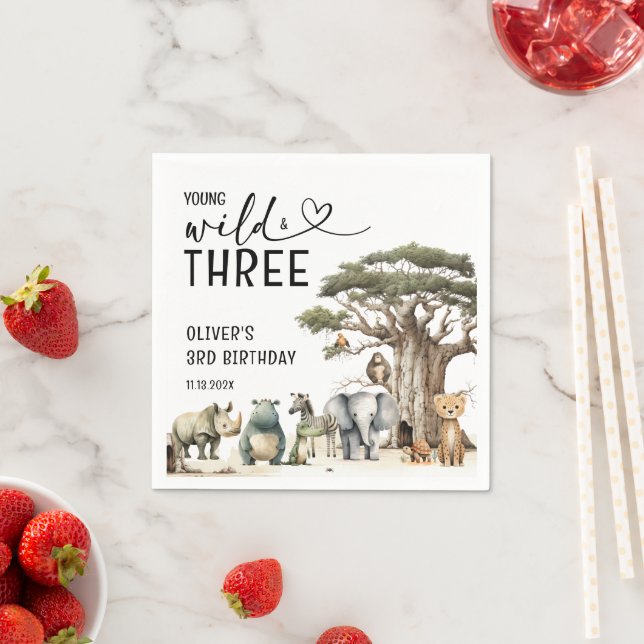 Young Wild Three Safari 3rd Birthday Welcome Sign Napkin (Insitu)