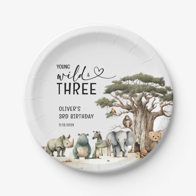 Young Wild Three Safari 3rd Birthday Welcome Sign Paper Plate (Front)