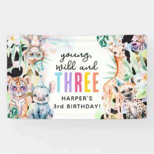 Young, Wild & Three Safari Animals 3rd Birthday Banner