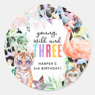 Young, Wild & Three Safari Animals 3rd Birthday Classic Round Sticker