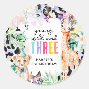 Young, Wild & Three Safari Animals 3rd Birthday Classic Round Sticker