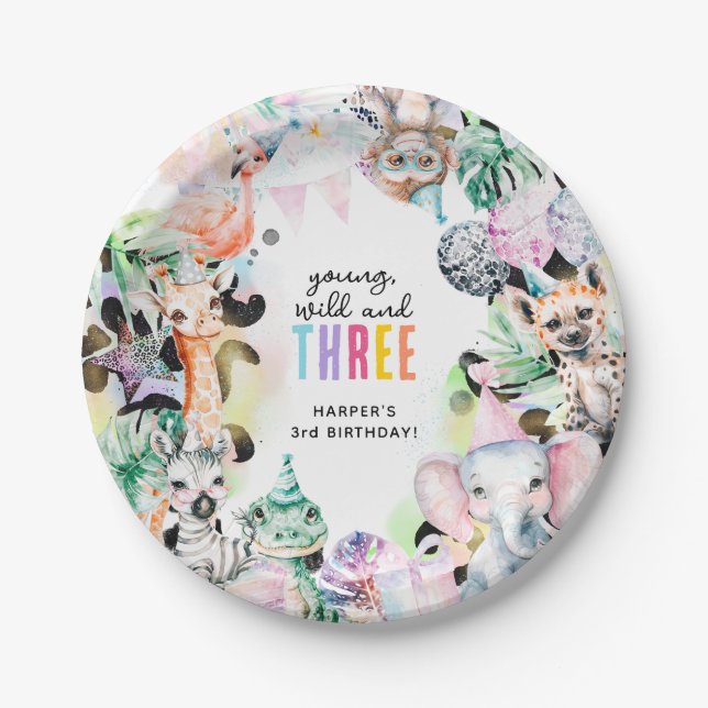 Young Wild & THREE Safari Animals 3rd Birthday Paper Plate (Front)