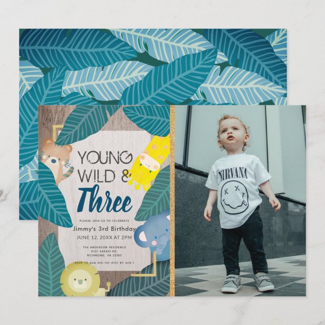 Young Wild & Three Safari Animals Photo Birthday Invitation (Front/Back)