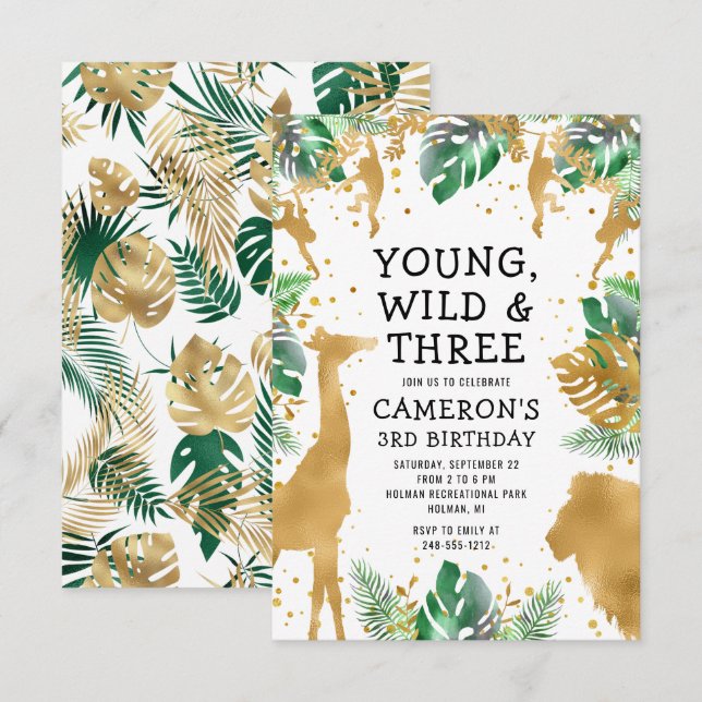 Young Wild Three Safari Gold Green 3rd Birthday Invitation (Front/Back)