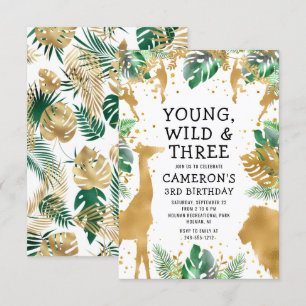 Young Wild Three Safari Gold Green 3rd Birthday Invitation