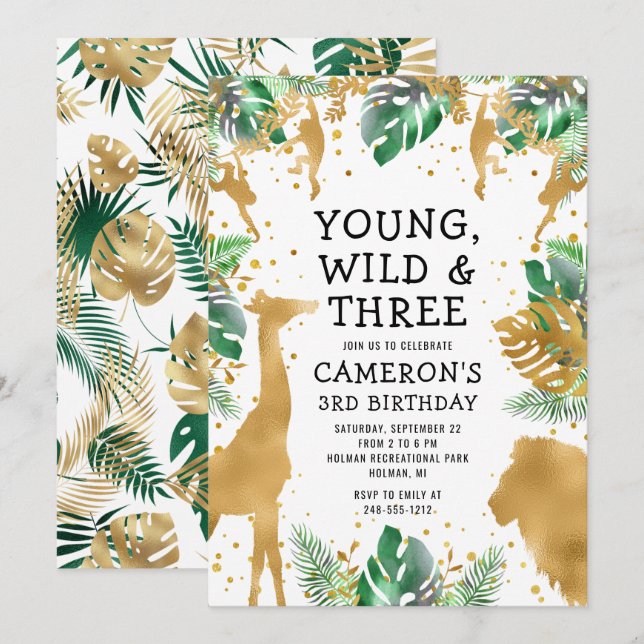 Young Wild Three Safari Gold Green 3rd Birthday Invitation (Front/Back)