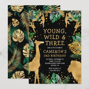 Young Wild Three Safari Green Black 3rd Birthday Invitation