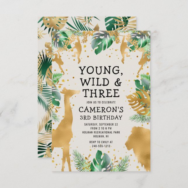 Young Wild Three Safari Green Ecru 3rd Birthday Invitation (Front/Back)