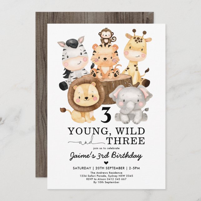 Young Wild & Three Safari Jungle 3rd Birthday Invitation (Front/Back)