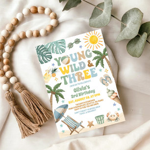 Young Wild & Three Summer Beach 3rd Birthday  Invitation