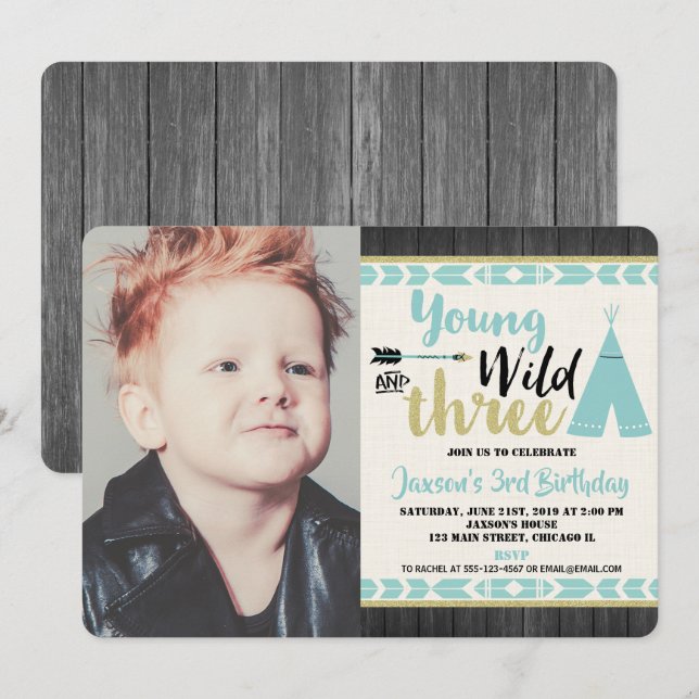 Young wild three teal gold photo invitation boy (Front/Back)