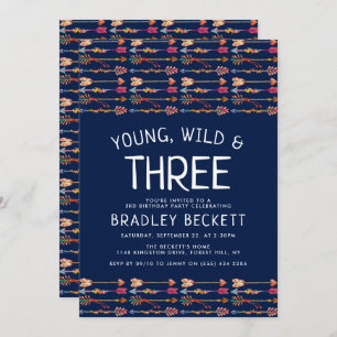 Young, Wild & Three Tribal Boho Arrows Birthday Invitation