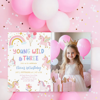 Young Wild & Three Unicorn 3rd Birthday Photo Invitation