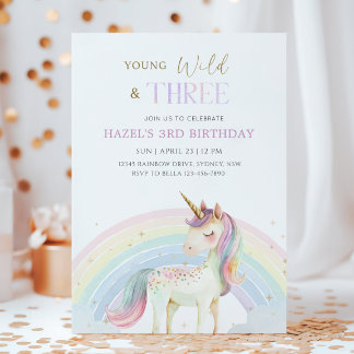 Young Wild & Three Unicorn Rainbow 3rd Birthday Invitation