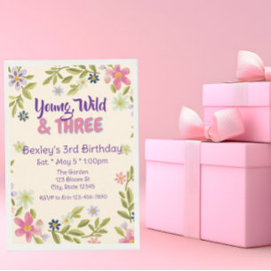 Young, Wild, & Three Wildflower, 3rd birthday  Invitation