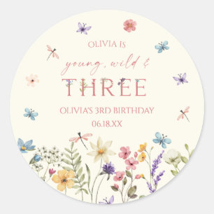 Young Wild & Three Wildflower 3rd Birthday Party Classic Round Sticker