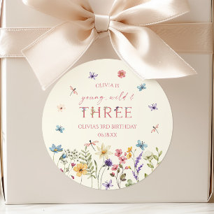 Young Wild & Three Wildflower 3rd Birthday Party Classic Round Sticker
