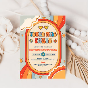 Young Will Three Groovy Retro Rainbow  Birthday  Invitation