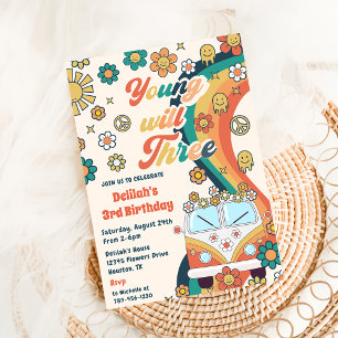  Young Will Three Retro Floral 3rd Birthday Party Invitation