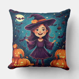 Young Witch Among Glowing Pumpkins Cushion