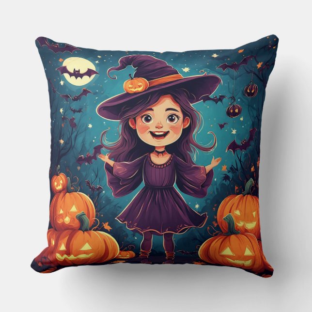 Young Witch Among Glowing Pumpkins Cushion (Front)